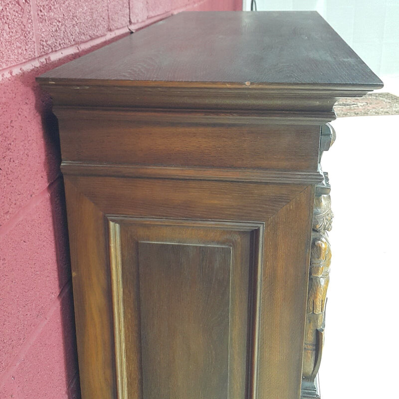 Oak Double Door Sideboard On Raised Legs Dutch Antique Heavily Carved - F26