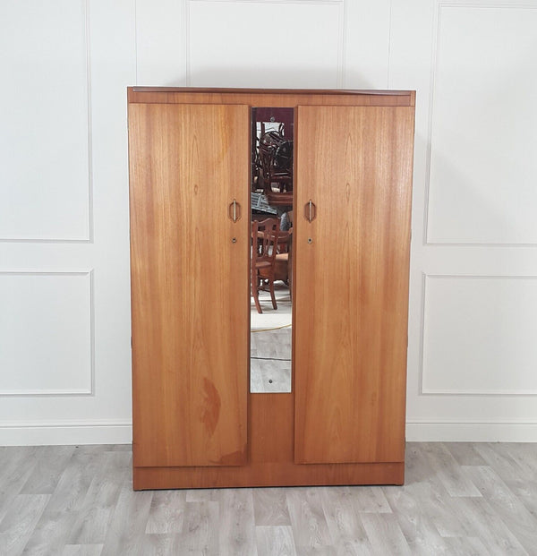 Vintage Wooden Double Wardrobe With Mirror And Wheels - F346