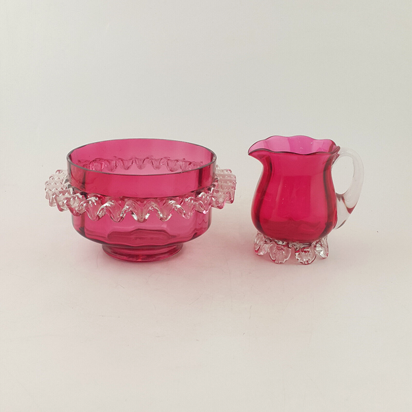 Victorian Glass Cranberry Bowl & Small Jug / Glass - OP 3689