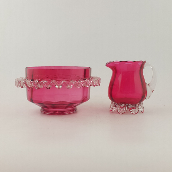 Victorian Glass Cranberry Bowl & Small Jug / Glass - OP 3689