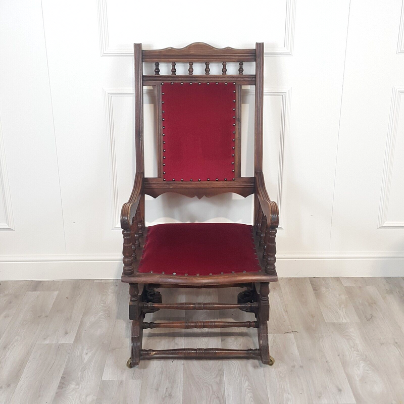 Antique American Style Rocking Chair With Red Cotton Velvet & Castors - F354