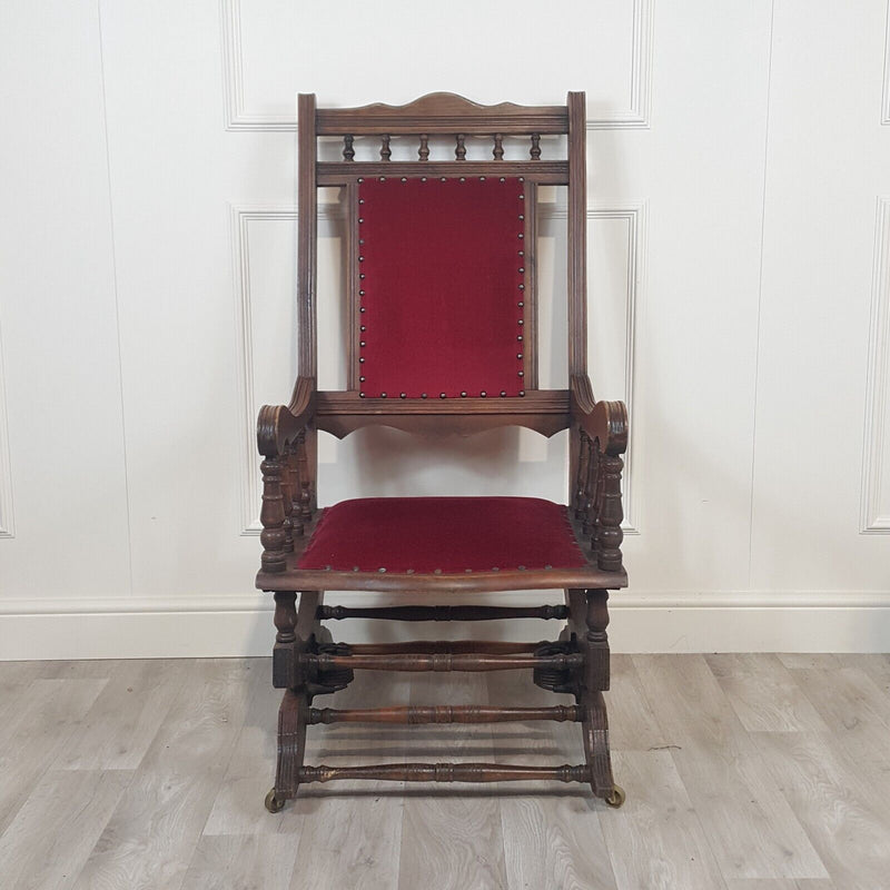 Antique American Style Rocking Chair With Red Cotton Velvet & Castors - F354