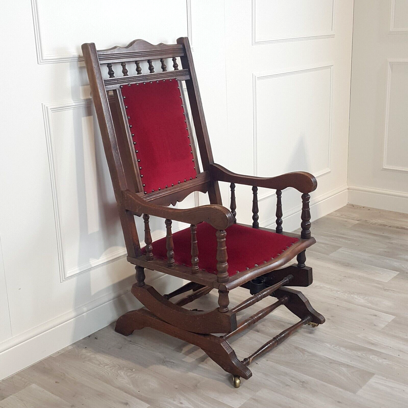 Antique American Style Rocking Chair With Red Cotton Velvet & Castors - F354