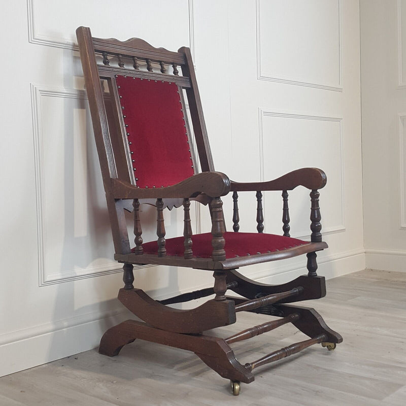 Antique American Style Rocking Chair With Red Cotton Velvet & Castors - F354