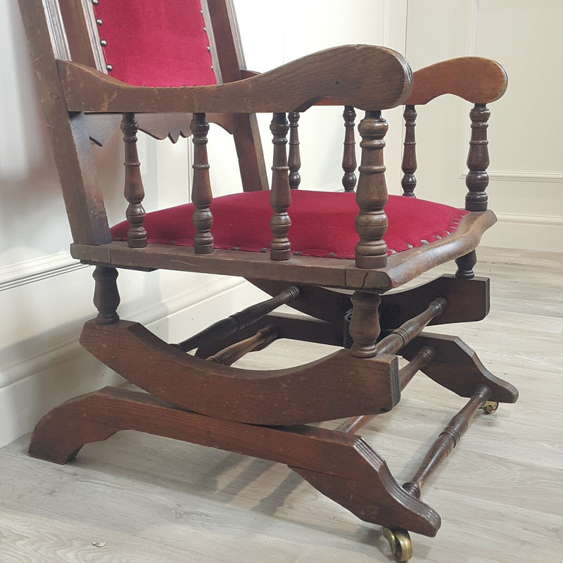 Antique American Style Rocking Chair With Red Cotton Velvet & Castors - F354