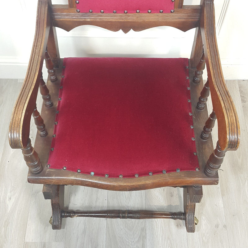 Antique American Style Rocking Chair With Red Cotton Velvet & Castors - F354