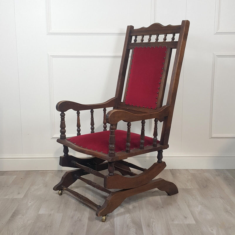 Antique American Style Rocking Chair With Red Cotton Velvet & Castors - F354