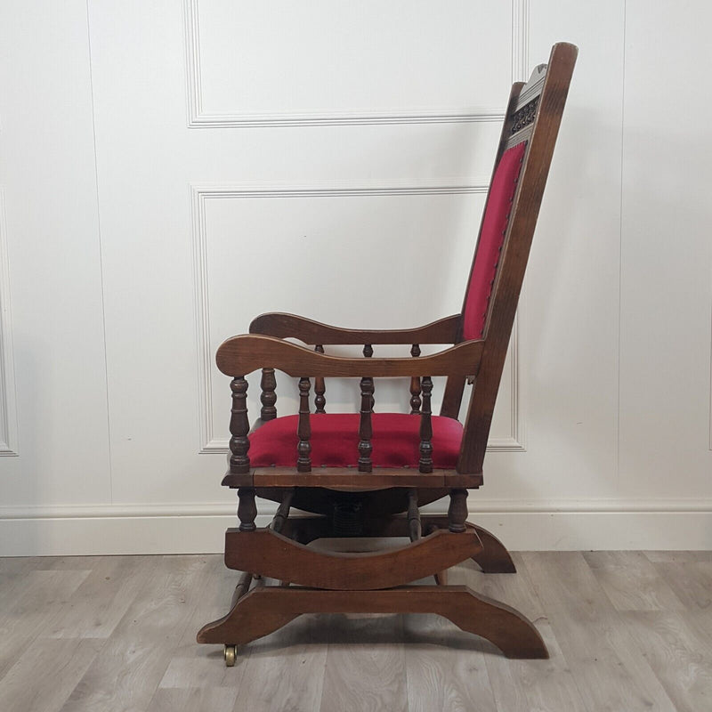 Antique American Style Rocking Chair With Red Cotton Velvet & Castors - F354