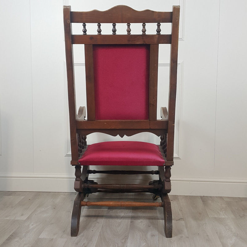 Antique American Style Rocking Chair With Red Cotton Velvet & Castors - F354