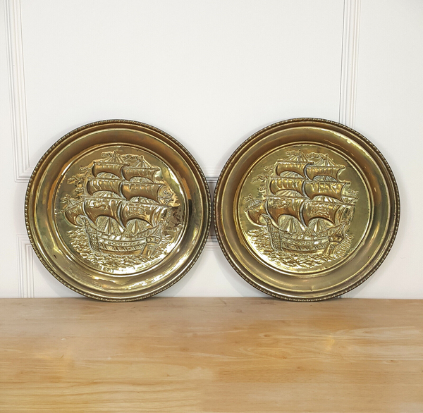 Pair Of Vintage 1950's Large Brass Wall Hanging Plates | Colonial Ship Scene