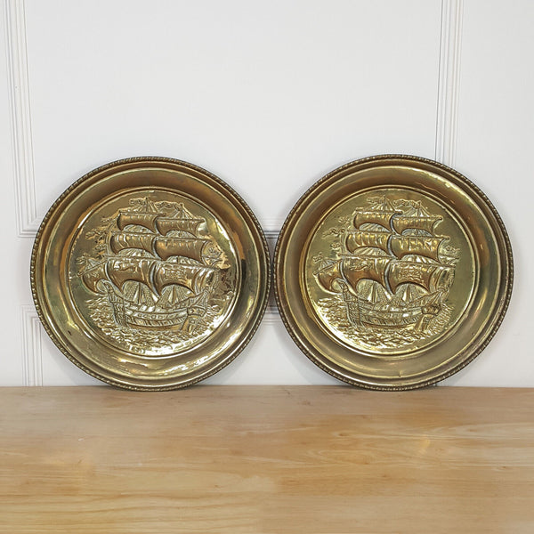 Pair Of Vintage 1950's Large Brass Wall Hanging Plates | Colonial Ship Scene