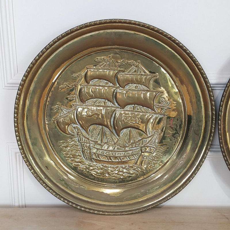 Pair Of Vintage 1950's Large Brass Wall Hanging Plates | Colonial Ship Scene