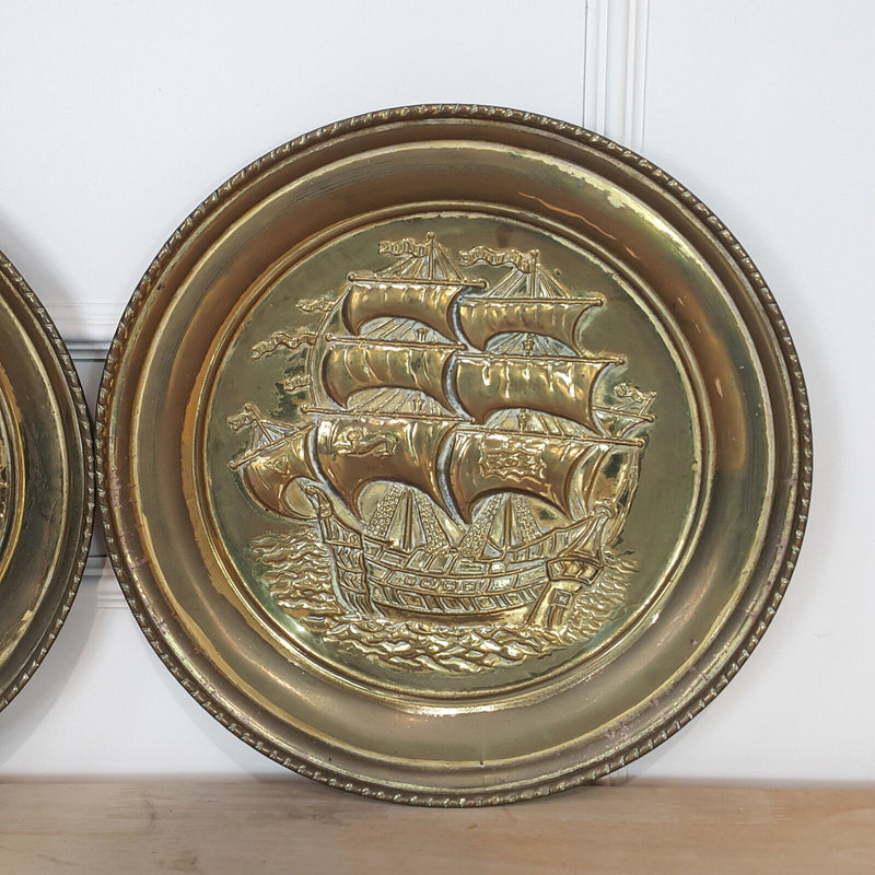 Pair Of Vintage 1950's Large Brass Wall Hanging Plates | Colonial Ship Scene