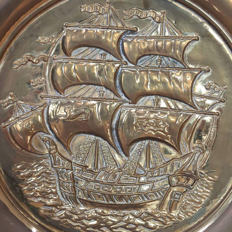 Pair Of Vintage 1950's Large Brass Wall Hanging Plates | Colonial Ship Scene