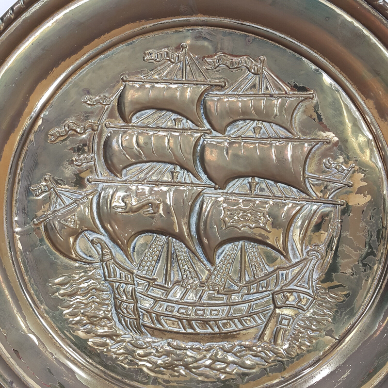 Pair Of Vintage 1950's Large Brass Wall Hanging Plates | Colonial Ship Scene