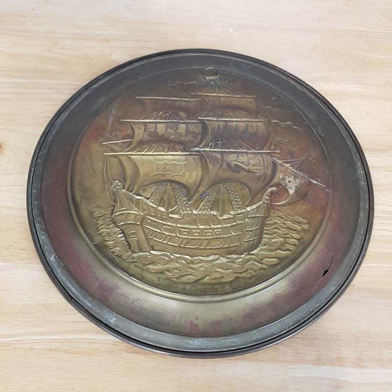 Pair Of Vintage 1950's Large Brass Wall Hanging Plates | Colonial Ship Scene