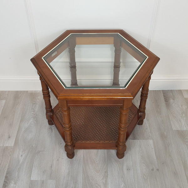 Mahogany Hexagonal Glass Top Accent Table With Caned Shelf - F230