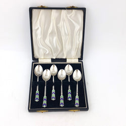 Set of Six Sterling Sliver Hallmarked Enamel Spoons Peacock Feathers Design