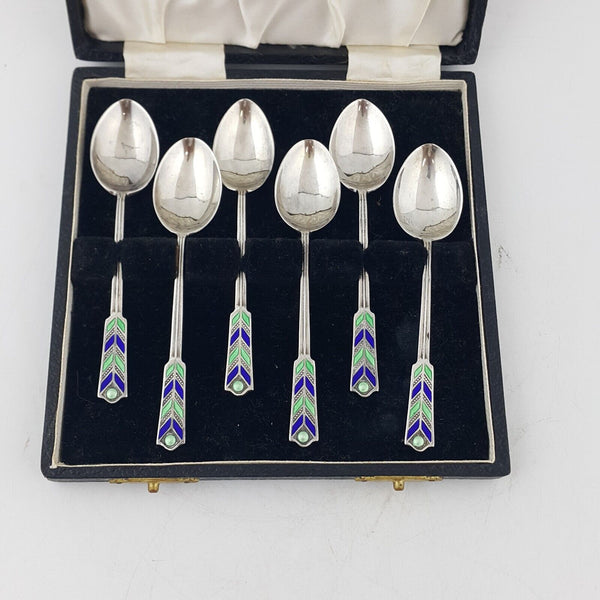 Set of Six Sterling Sliver Hallmarked Enamel Spoons Peacock Feathers Design