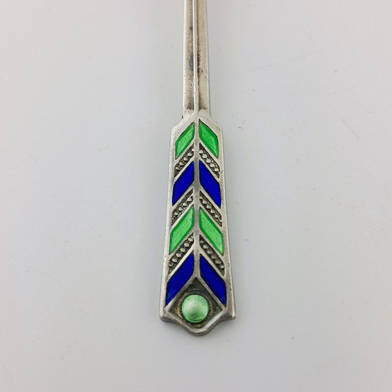 Set of Six Sterling Sliver Hallmarked Enamel Spoons Peacock Feathers Design