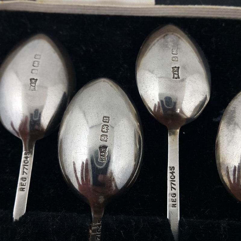 Set of Six Sterling Sliver Hallmarked Enamel Spoons Peacock Feathers Design