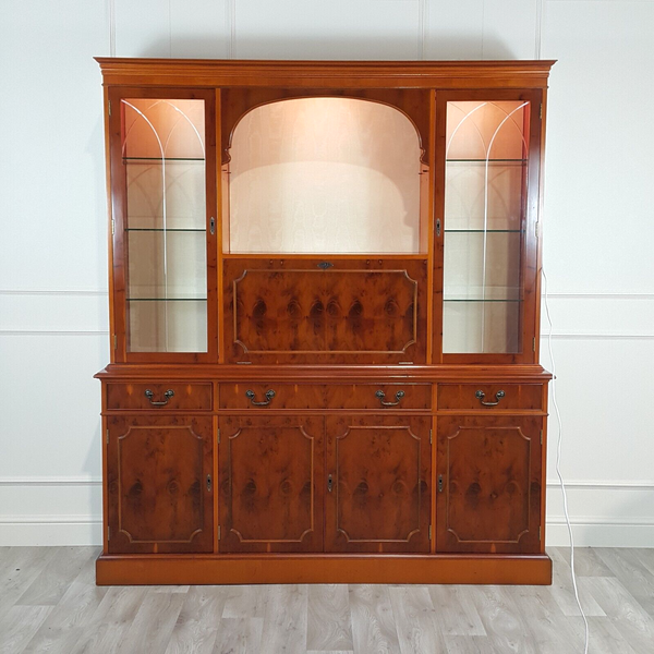 Vintage Mahogany / Yew Wood Large Display Cabinet On Cupboard - F317