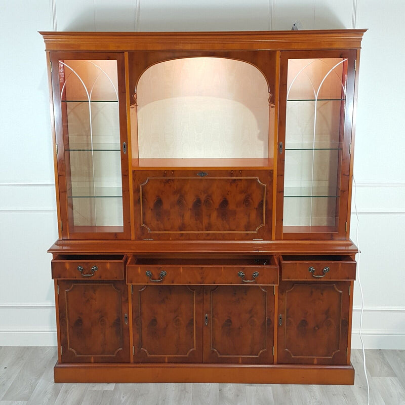 Vintage Mahogany / Yew Wood Large Display Cabinet On Cupboard - F317