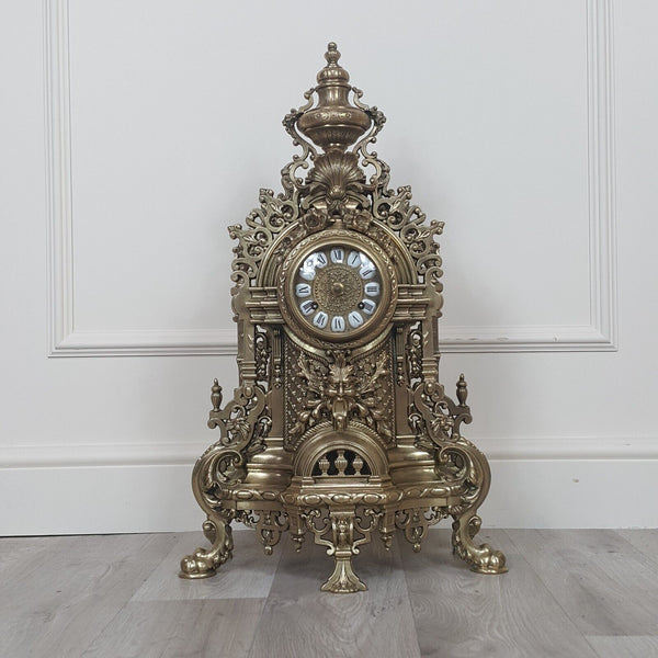 French Louis XIV Style Brass Gilt Mantel Clock - F256