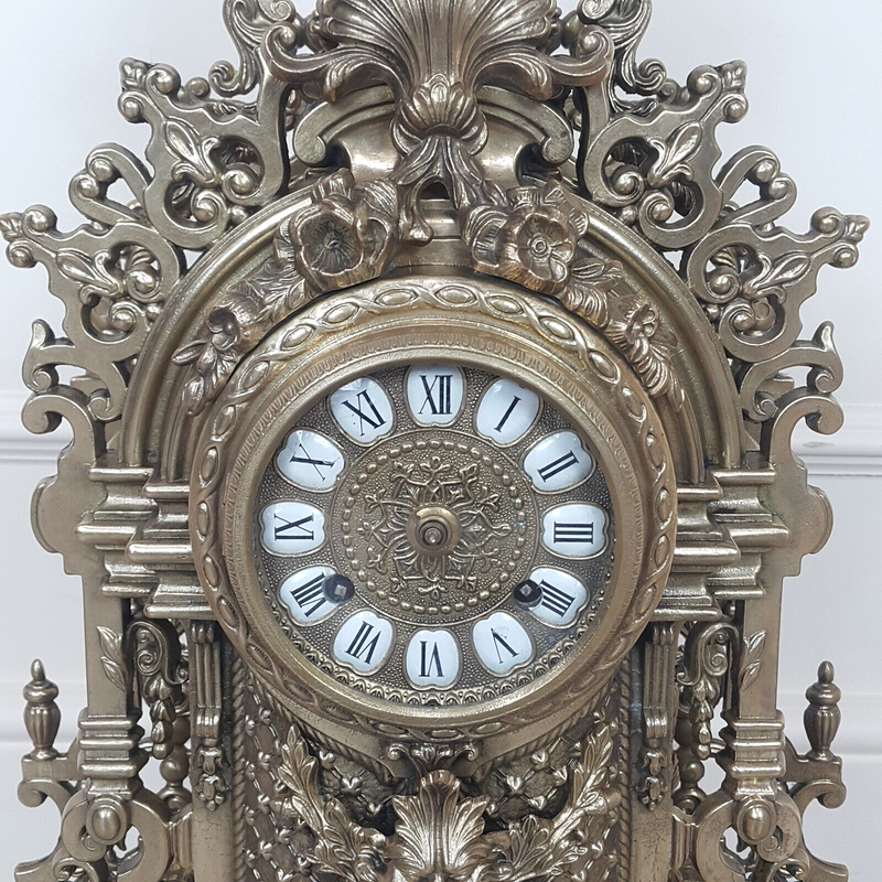 French Louis XIV Style Brass Gilt Mantel Clock - F256