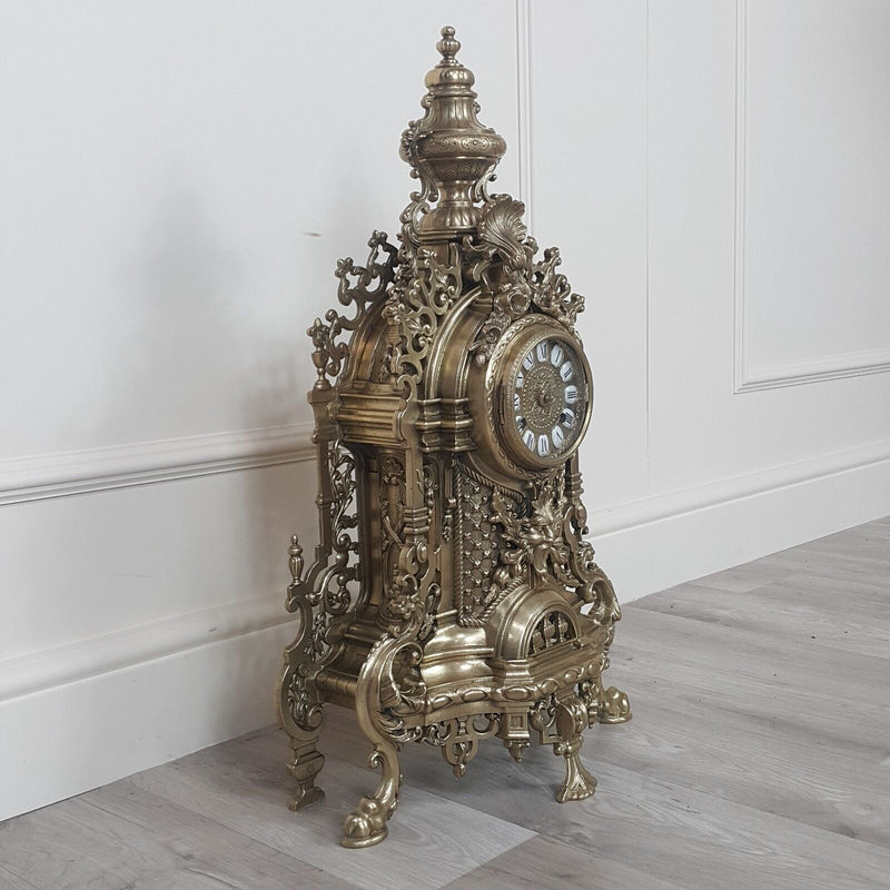 French Louis XIV Style Brass Gilt Mantel Clock - F256