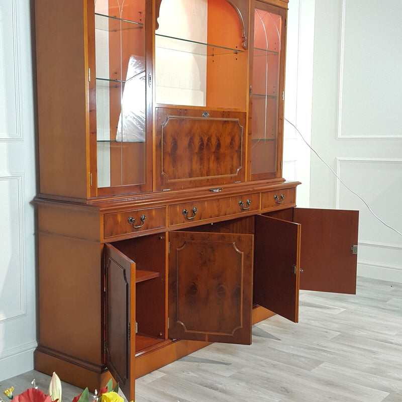 Vintage Mahogany / Yew Wood Large Display Cabinet On Cupboard - F317