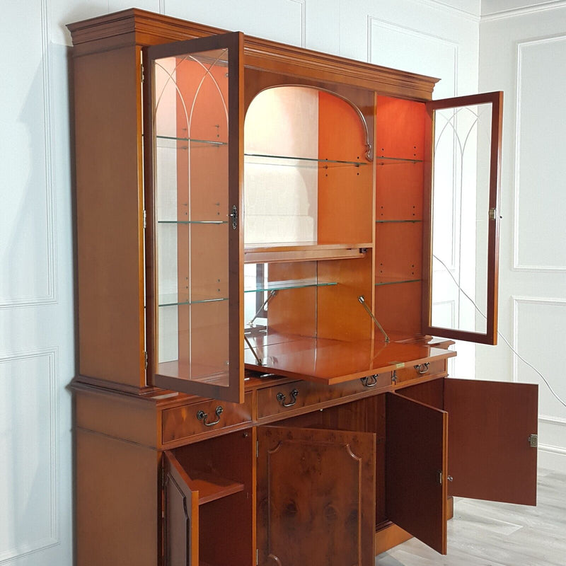 Vintage Mahogany / Yew Wood Large Display Cabinet On Cupboard - F317