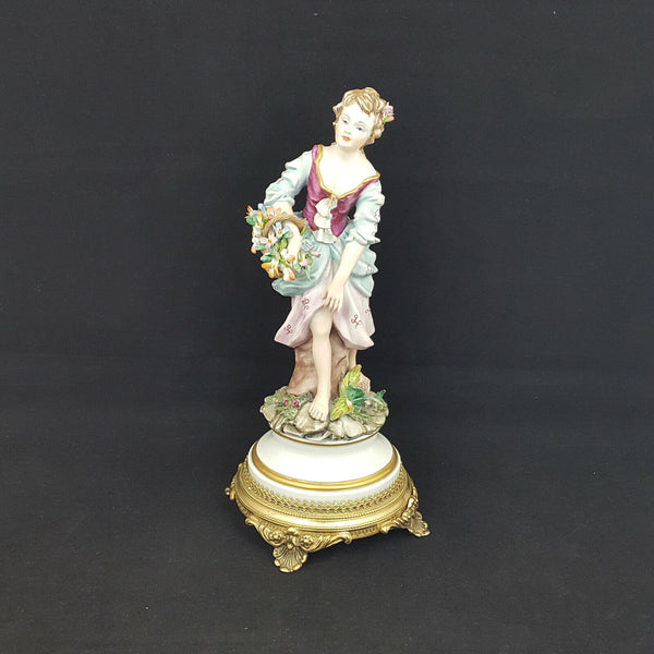 Capodimonte Figurine Lady with flower basket, metal base - damaged