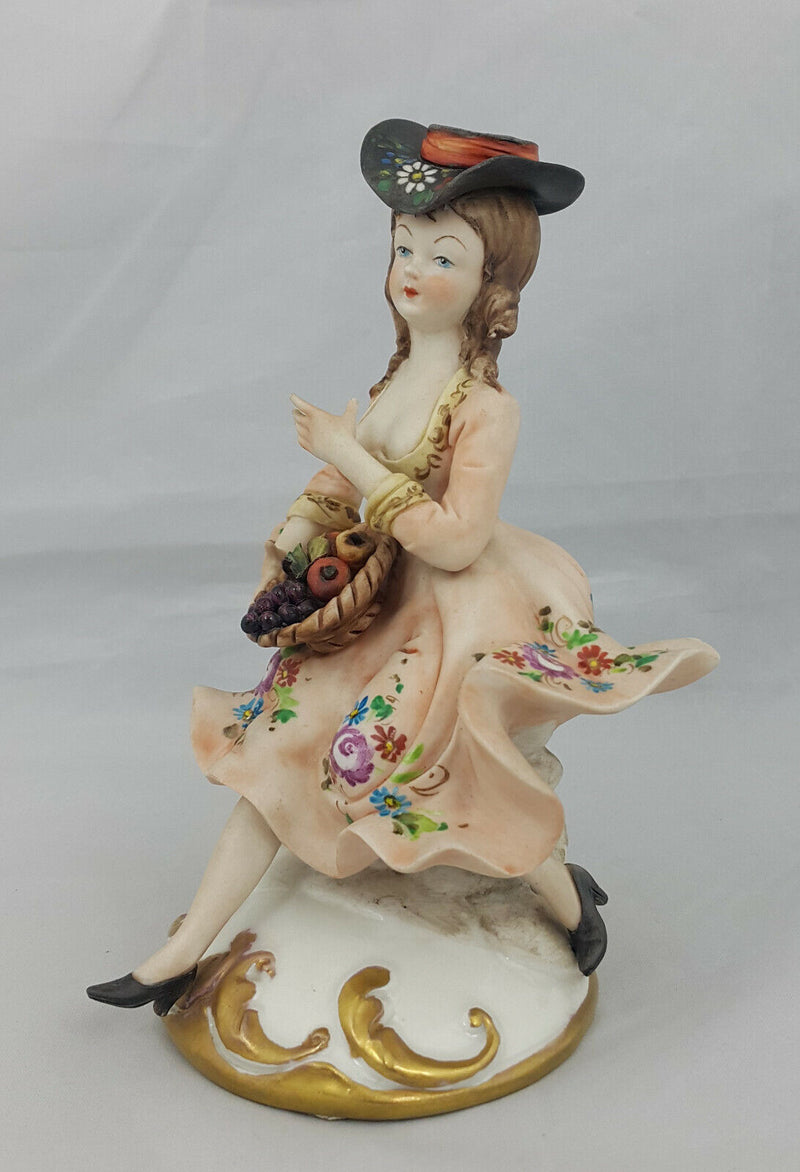 Capodimonte Figurine Seated Girl with Fruit Basket - Minor Chip