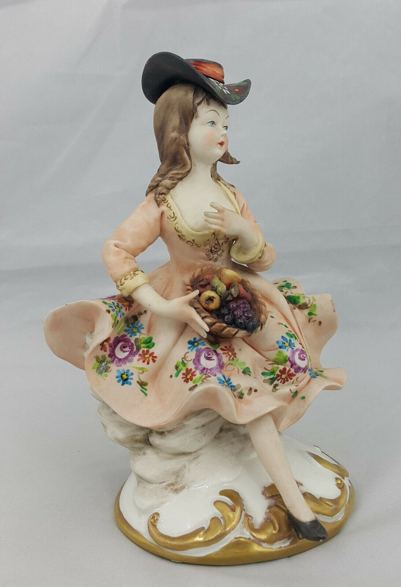 Capodimonte Figurine Seated Girl with Fruit Basket - Minor Chip