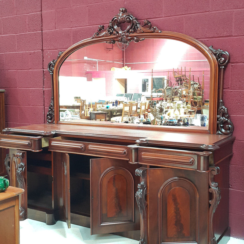 Antique Victorian Ornate Carved Mahogany Sideboard with Mirror & Drawers - F299