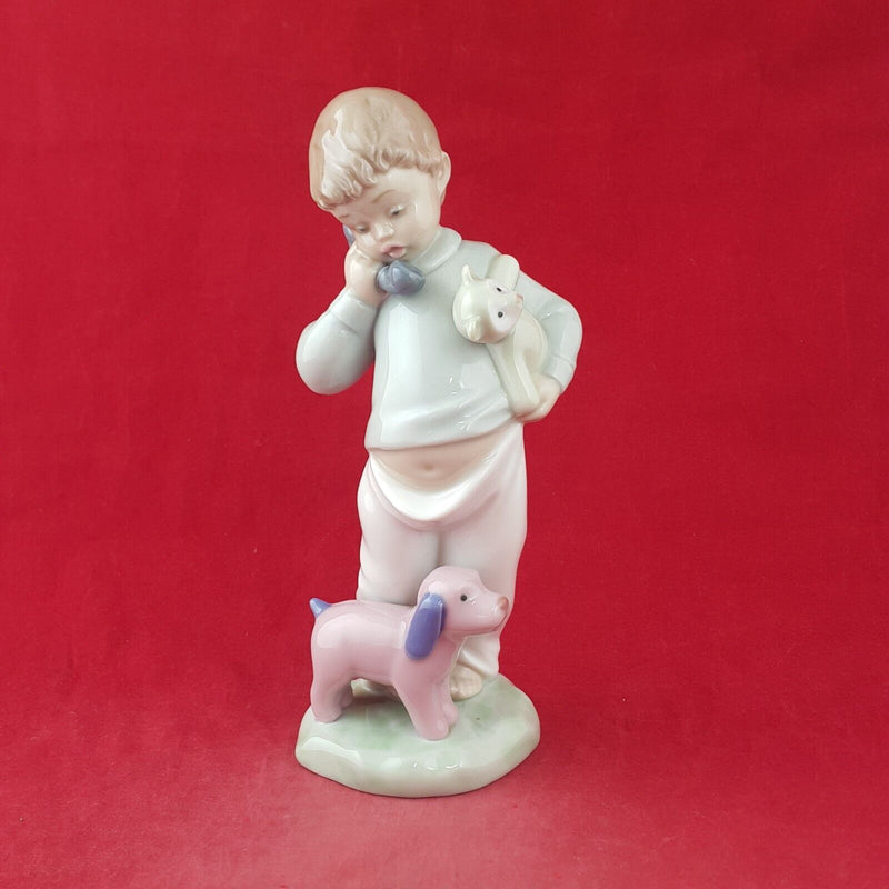 Nao by Lladro Porcelain 1104 Boy On Phone With Puppy & Teddy Bear - 8881 L/N