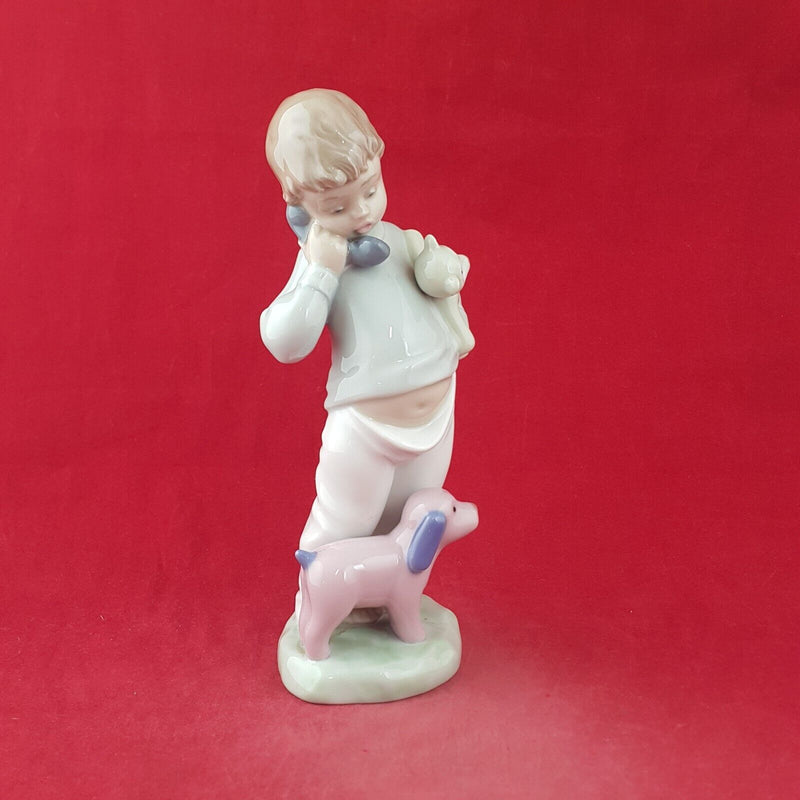 Nao by Lladro Porcelain 1104 Boy On Phone With Puppy & Teddy Bear - 8881 L/N