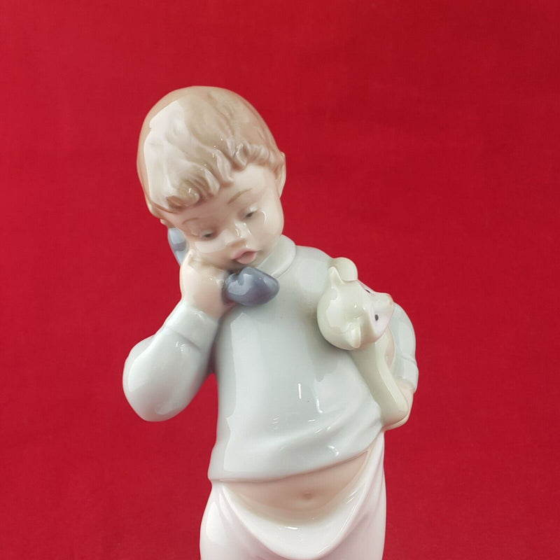 Nao by Lladro Porcelain 1104 Boy On Phone With Puppy & Teddy Bear - 8881 L/N