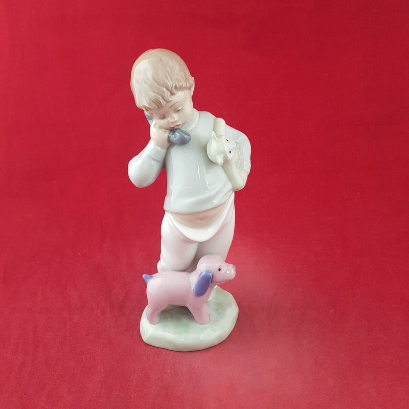 Nao by Lladro Porcelain 1104 Boy On Phone With Puppy & Teddy Bear - 8881 L/N