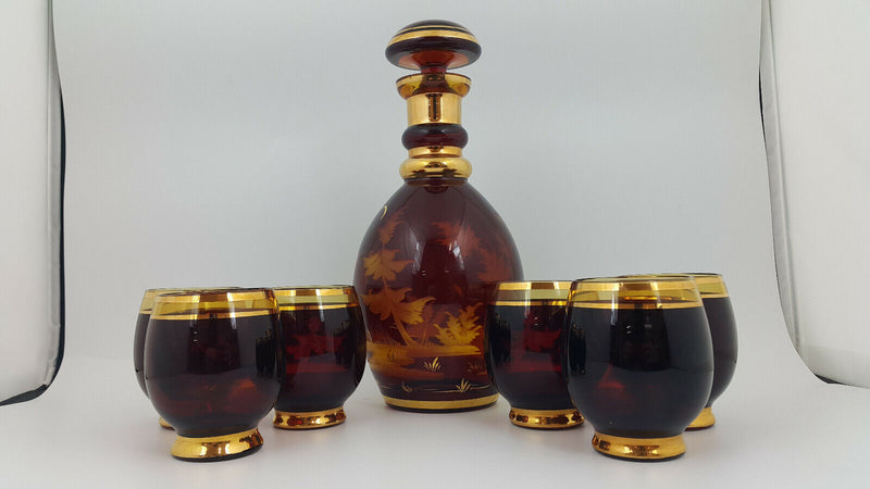 Boehmian Glass Etched Decanter & 6 Glasses