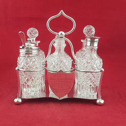 Antique 1894 Victorian Quality Cut Glass & Silver Plated Cruet presentation Set