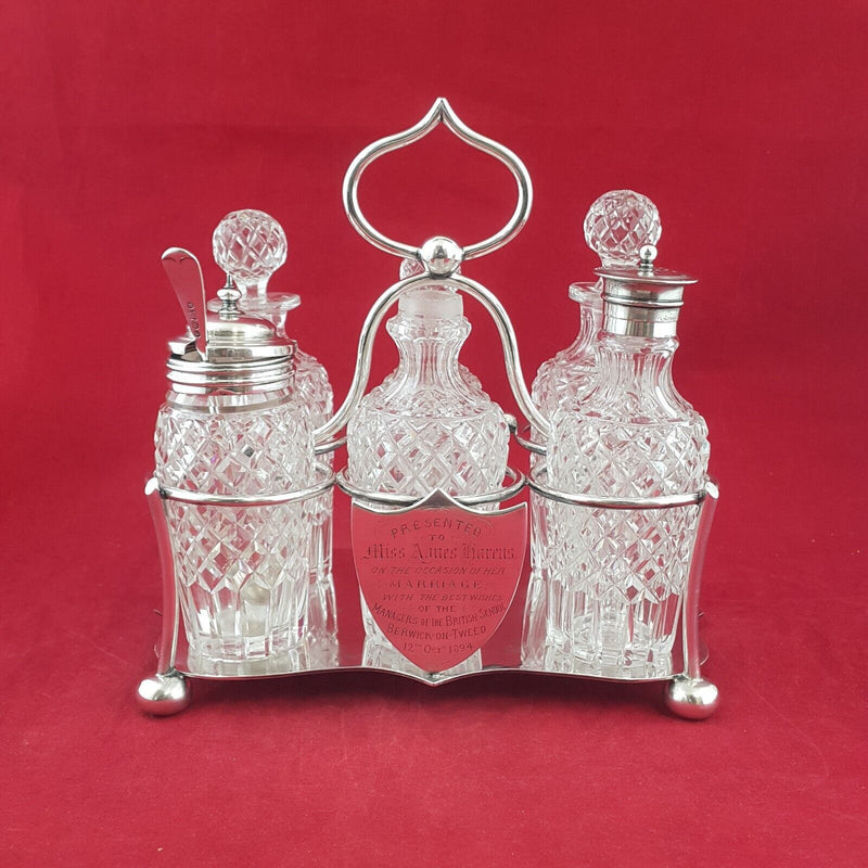 Antique 1894 Victorian Quality Cut Glass & Silver Plated Cruet presentation Set