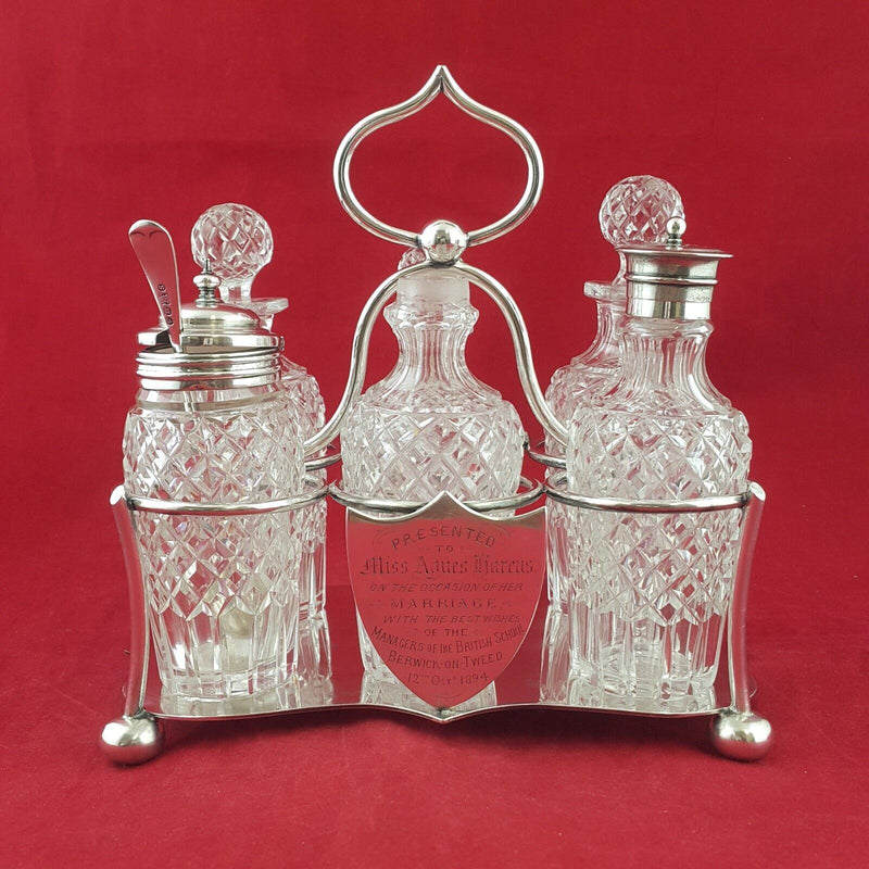 Antique 1894 Victorian Quality Cut Glass & Silver Plated Cruet presentation Set