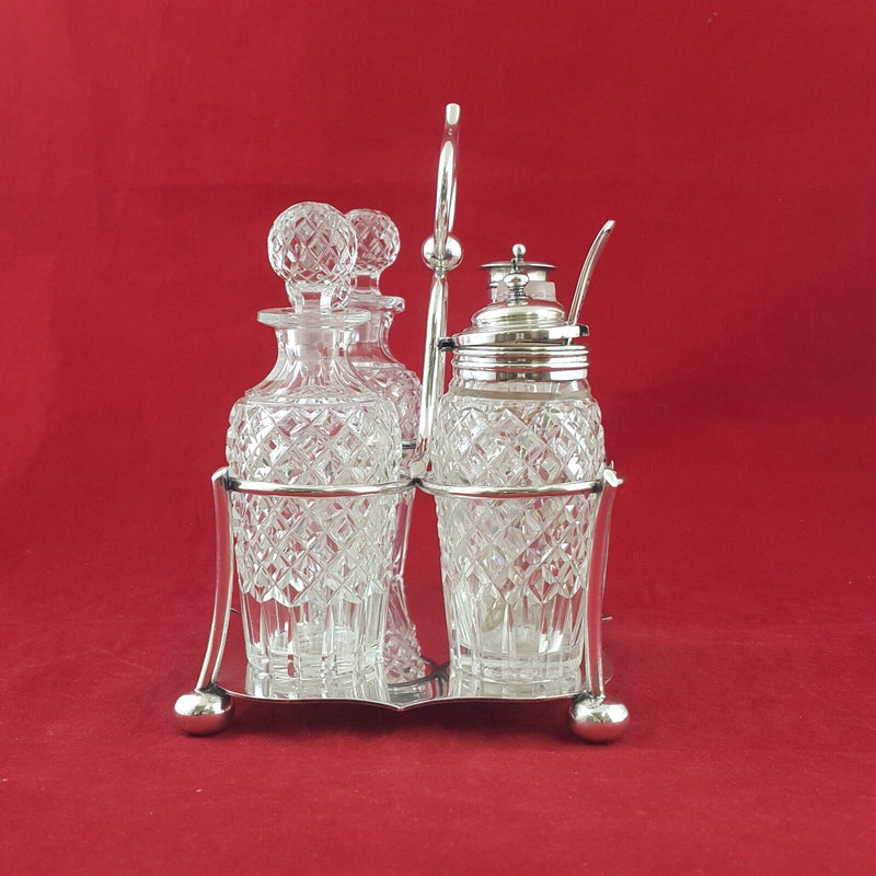 Antique 1894 Victorian Quality Cut Glass & Silver Plated Cruet presentation Set