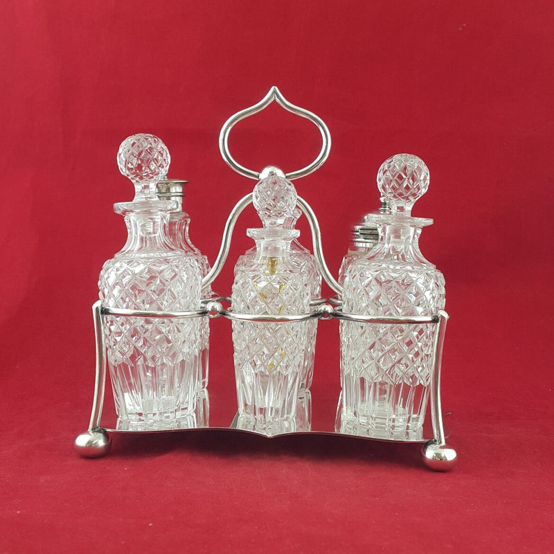 Antique 1894 Victorian Quality Cut Glass & Silver Plated Cruet presentation Set