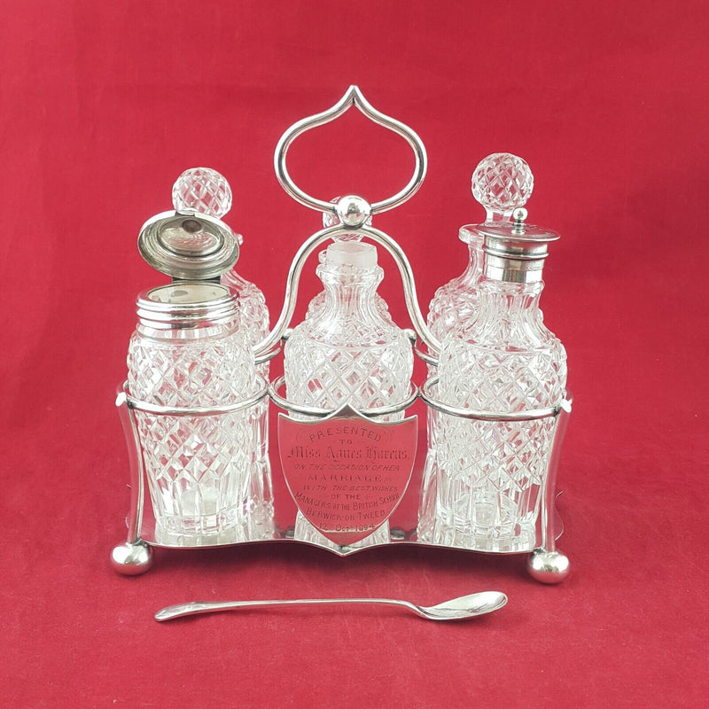 Antique 1894 Victorian Quality Cut Glass & Silver Plated Cruet presentation Set