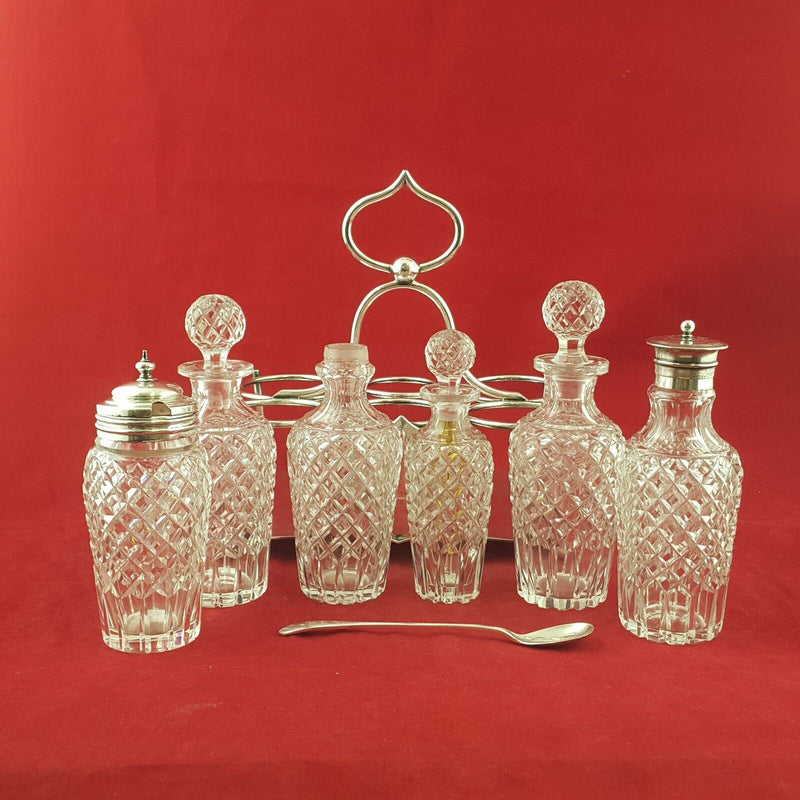 Antique 1894 Victorian Quality Cut Glass & Silver Plated Cruet presentation Set