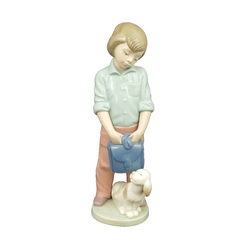 Nao Lladro Boy with Backpack and Dog -very sligh chip on back of neck, restrored