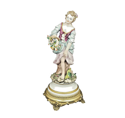 Capodimonte Figurine Lady with flower basket, metal base - damaged